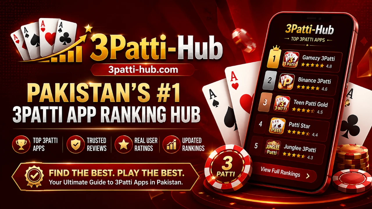 3Patti Hub hero banner — deep ruby accents, gold highlights, refined mobile frames, abstract card motifs, no third-party logos